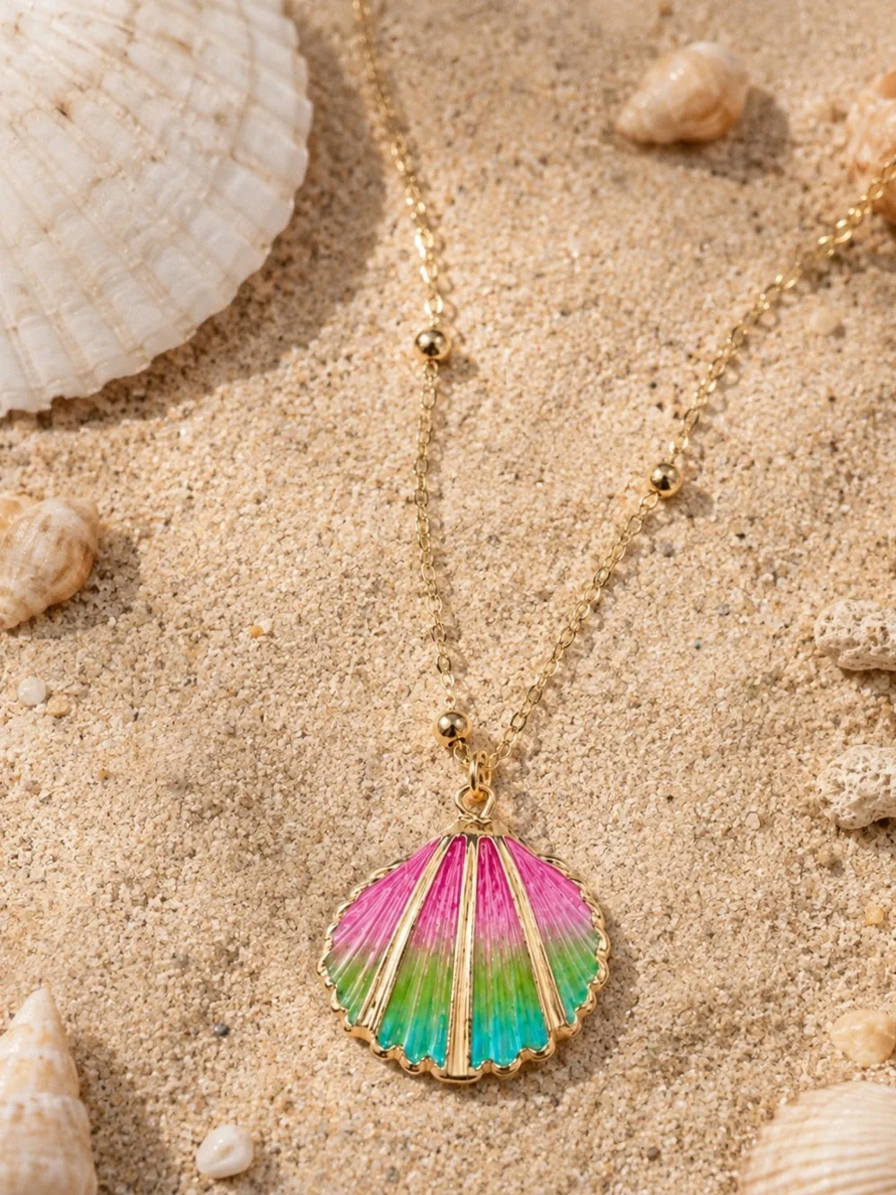 “Ombre Scallop Shell” Rainbow Bivalve Clam Oyster Gold-Dipped Mermaid Necklace